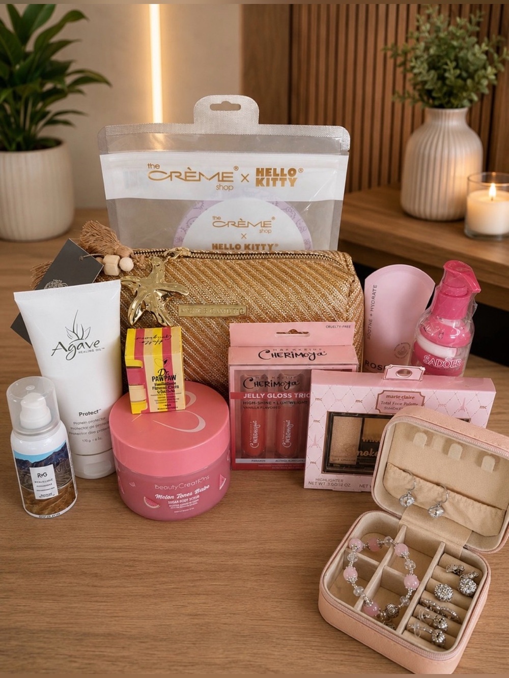 Vince Camuto Gold Textured Cosmetic Clutch with Pink Bath & Body Set